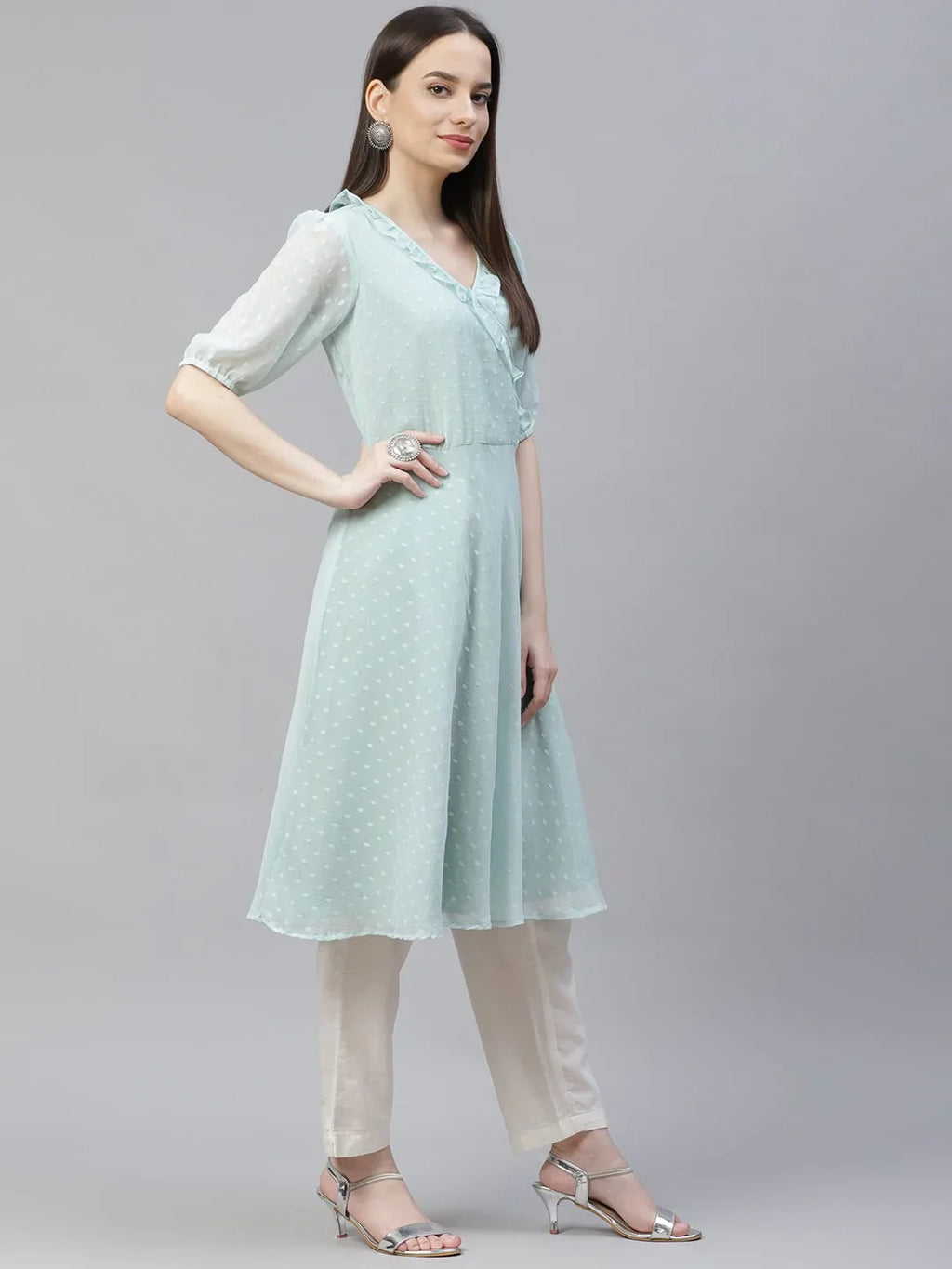 Jompers Women's Turquoise Blue Woven Design Flared Kurta