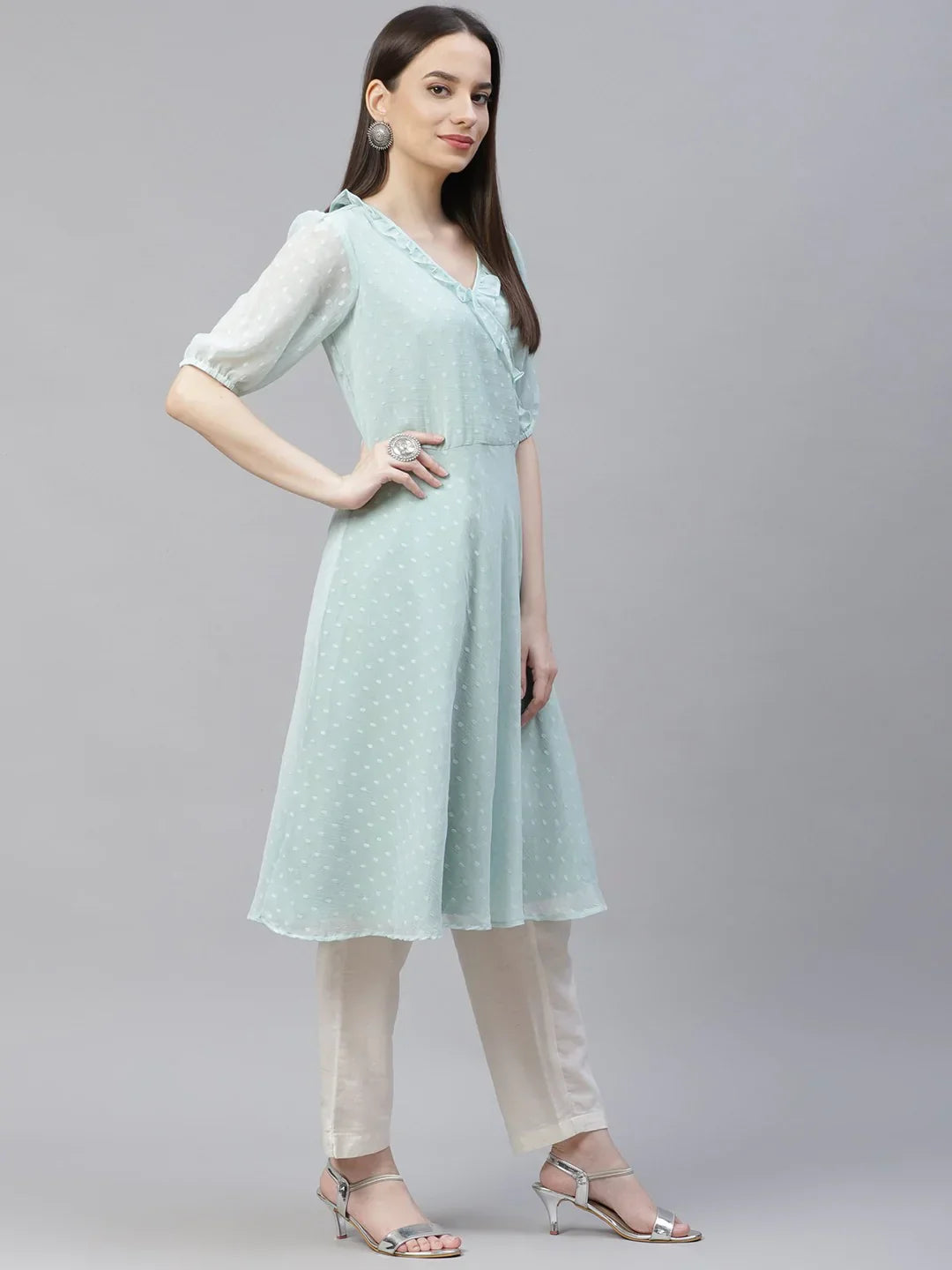 Jompers Women's Turquoise Blue Woven Design Flared Kurta