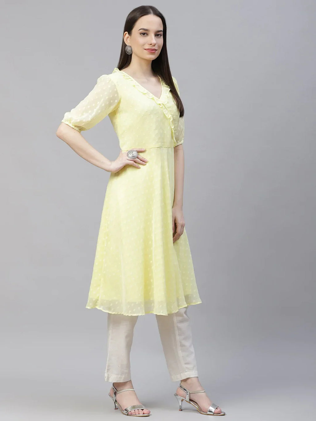 Jompers Women's Yellow Woven Design Flared Kurta - Distacart