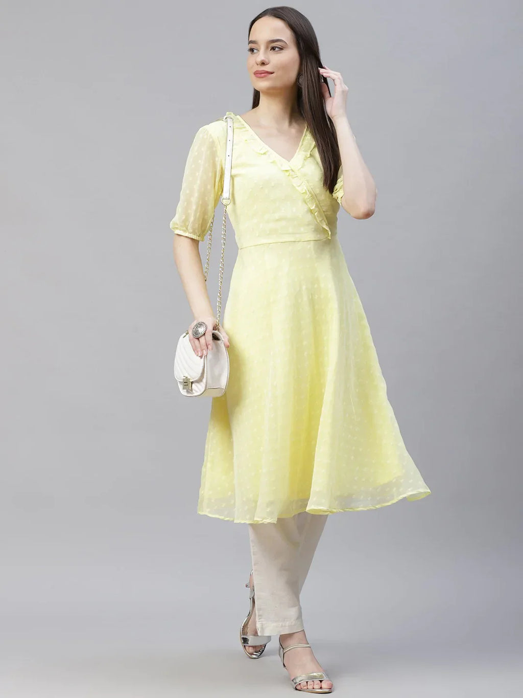 Jompers Women's Yellow Woven Design Flared Kurta - Distacart