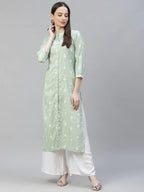 Jompers Women's Green Ethnic Motifs Ikat Kurta with lace work