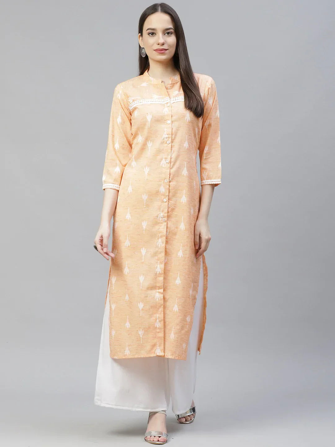 Jompers Women's Orange Ethnic Motifs Ikat Kurta with lace work - Distacart