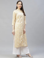 Jompers Women's Yellow Ethnic Motifs Ikat Kurta with lace work - Distacart