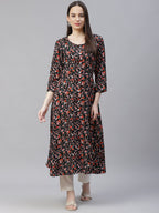 Jompers Women Black & Orange Floral Printed Floral Kurta (Black)