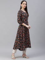 Jompers Women Black & Orange Floral Printed Floral Kurta (Black)