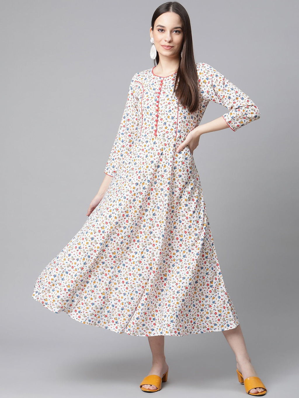 Jompers Women White & orange Floral Printed Floral Kurta
