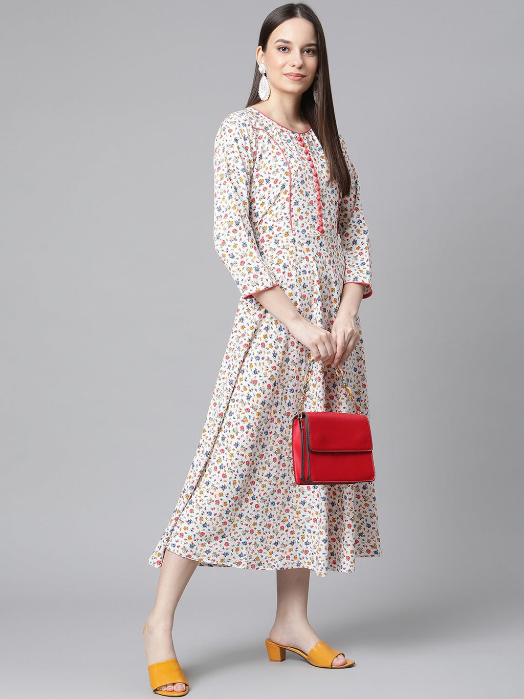 Jompers Women White & orange Floral Printed Floral Kurta