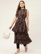 Jompers Women's Navy Blue Flared Printed kurta - Distacart