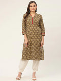 Jompers Women's Brown and Olive Printed Straight Pure Cotton Kurta