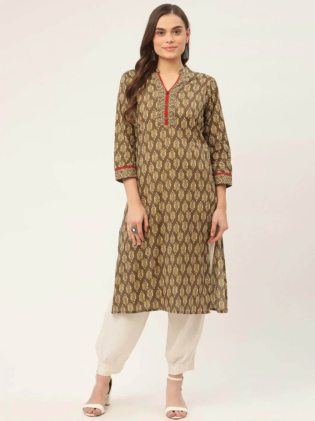 Jompers Women's Brown and Olive Printed Straight Pure Cotton Kurta