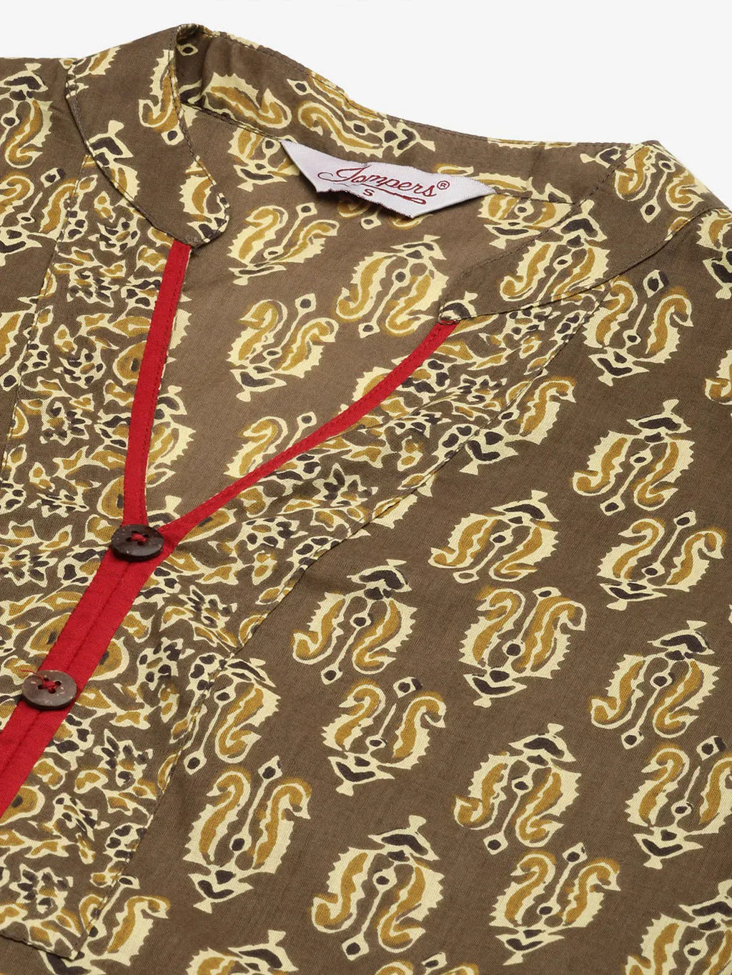Jompers Women's Brown and Olive Printed Straight Pure Cotton Kurta