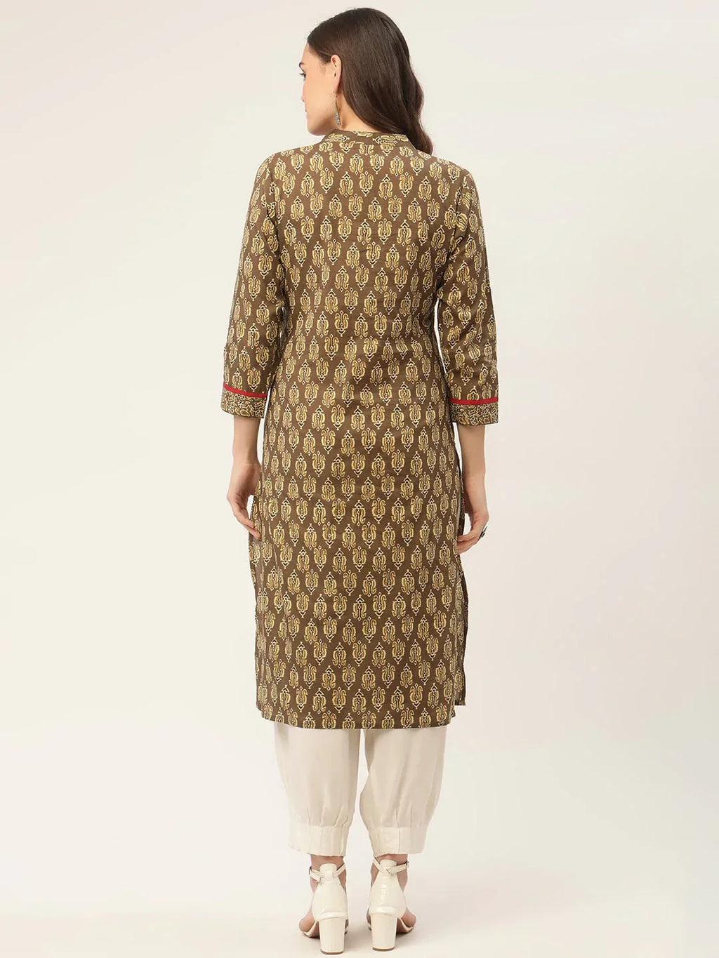 Jompers Women's Brown and Olive Printed Straight Pure Cotton Kurta