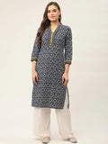 Jompers Women's Indigo Blue Printed Straight Pure Cotton Kurta