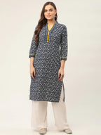 Jompers Women's Indigo Blue Printed Straight Pure Cotton Kurta