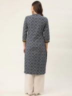 Jompers Women's Indigo Blue Printed Straight Pure Cotton Kurta