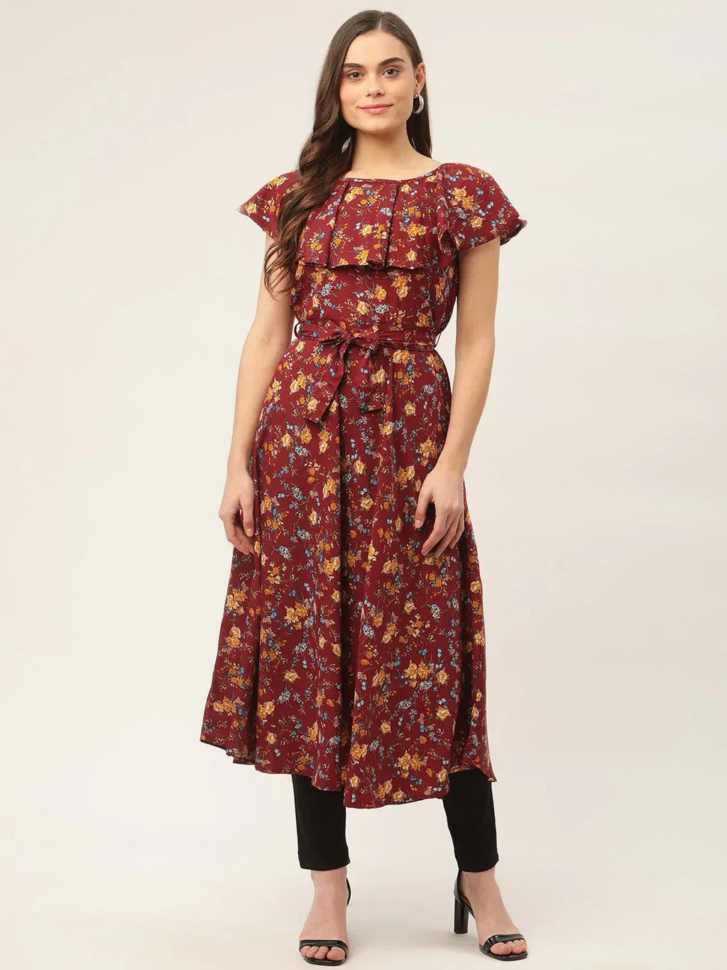 Jompers Women's Maroon Flared Printed kurta - Distacart