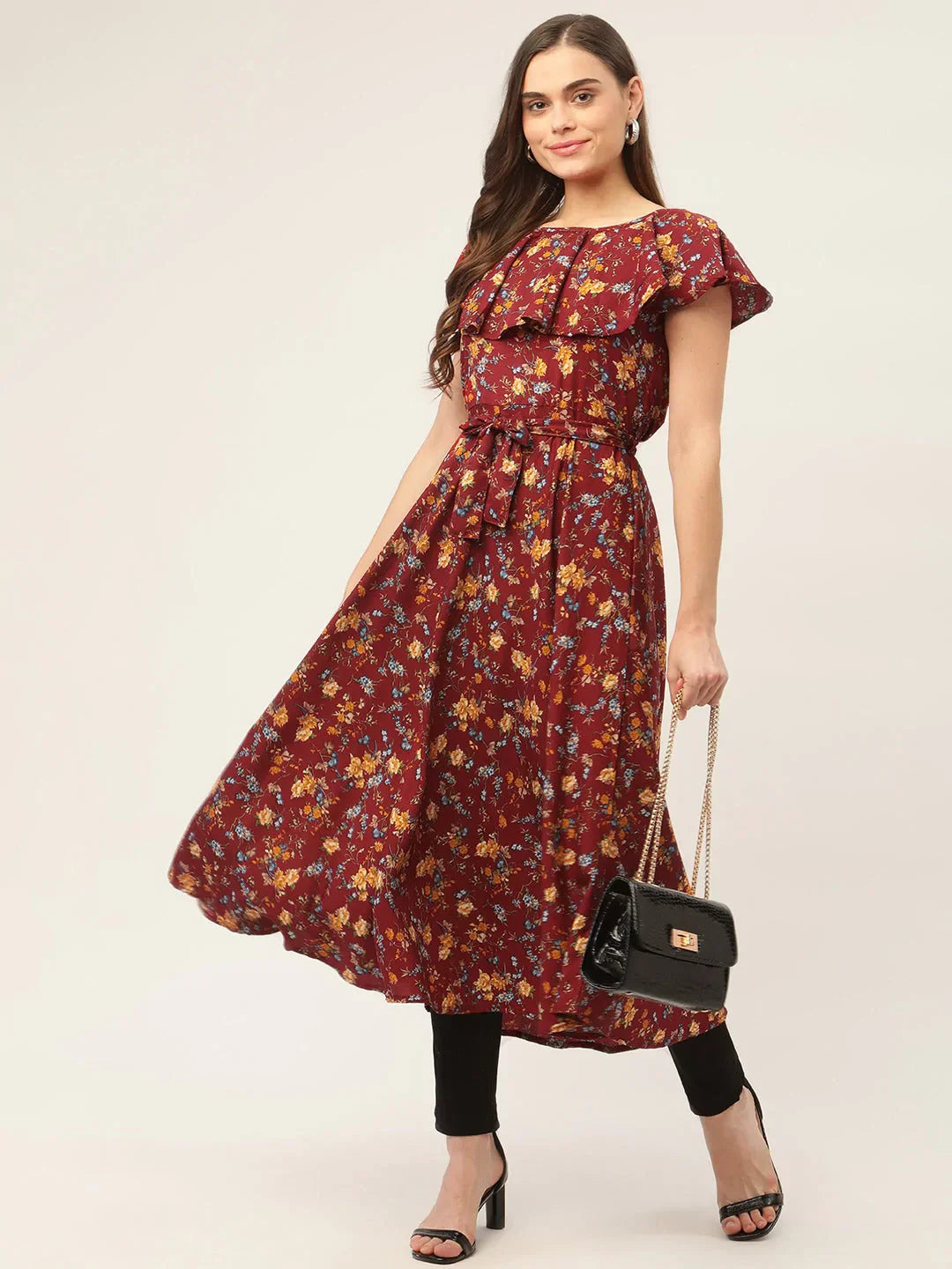 Jompers Women's Maroon Flared Printed kurta - Distacart