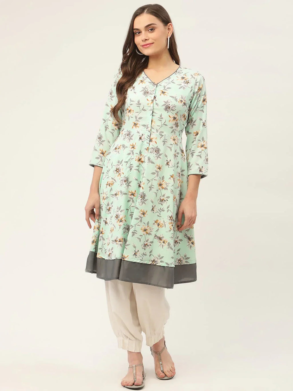 Jompers Women's Sky Blue and White Flared Printed kurta