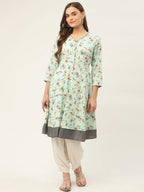Jompers Women's Sky Blue and White Flared Printed kurta