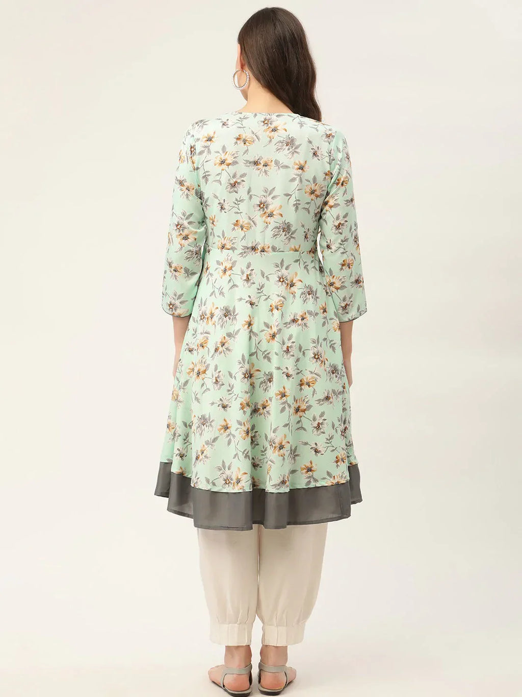Jompers Women's Sky Blue and White Flared Printed kurta