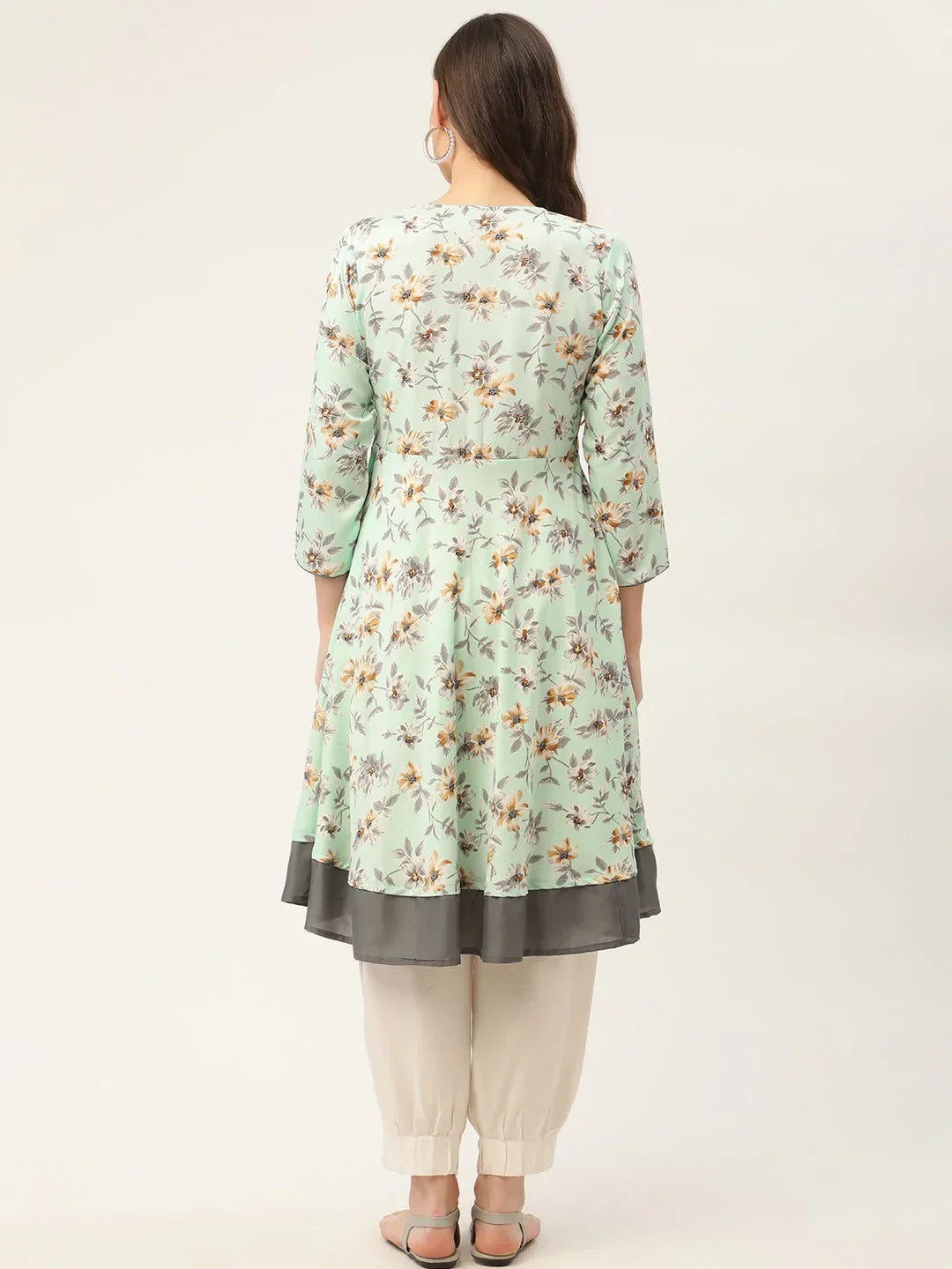 Jompers Women's Sky Blue and White Flared Printed kurta
