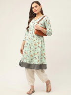 Jompers Women's Sky Blue and White Flared Printed kurta
