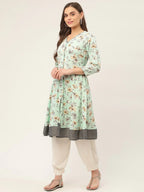 Jompers Women's Sky Blue and White Flared Printed kurta