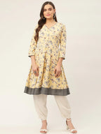 Jompers Women's Yellow and White Flared Printed kurta - Distacart
