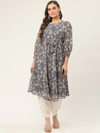 Jompers Women's Grey & White Georgette Floral Printed Kurta