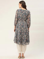 Jompers Women's Grey & White Georgette Floral Printed Kurta