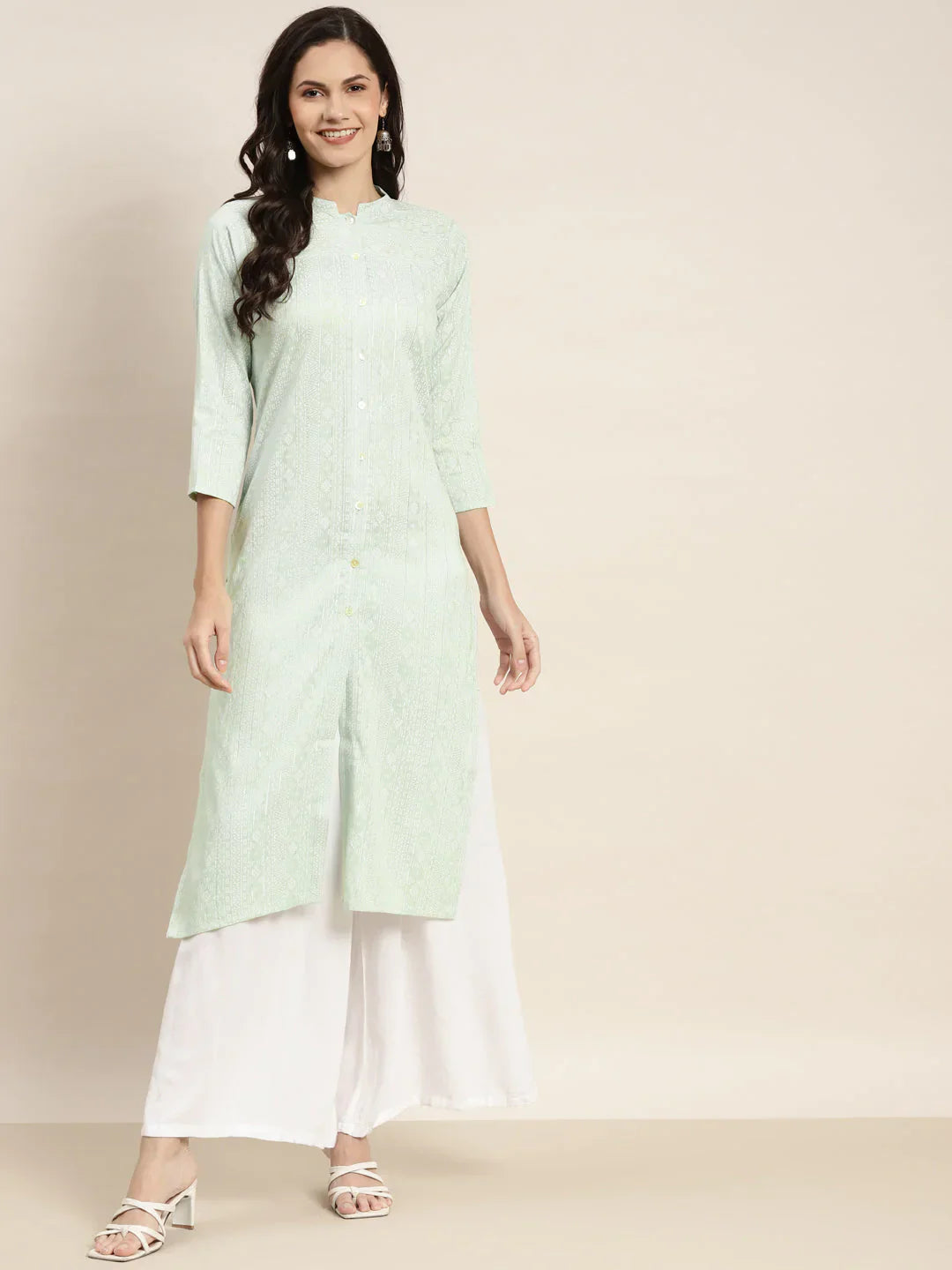 Jompers Women's Ethnic Motifs Printed Lurex Kurta - Green
