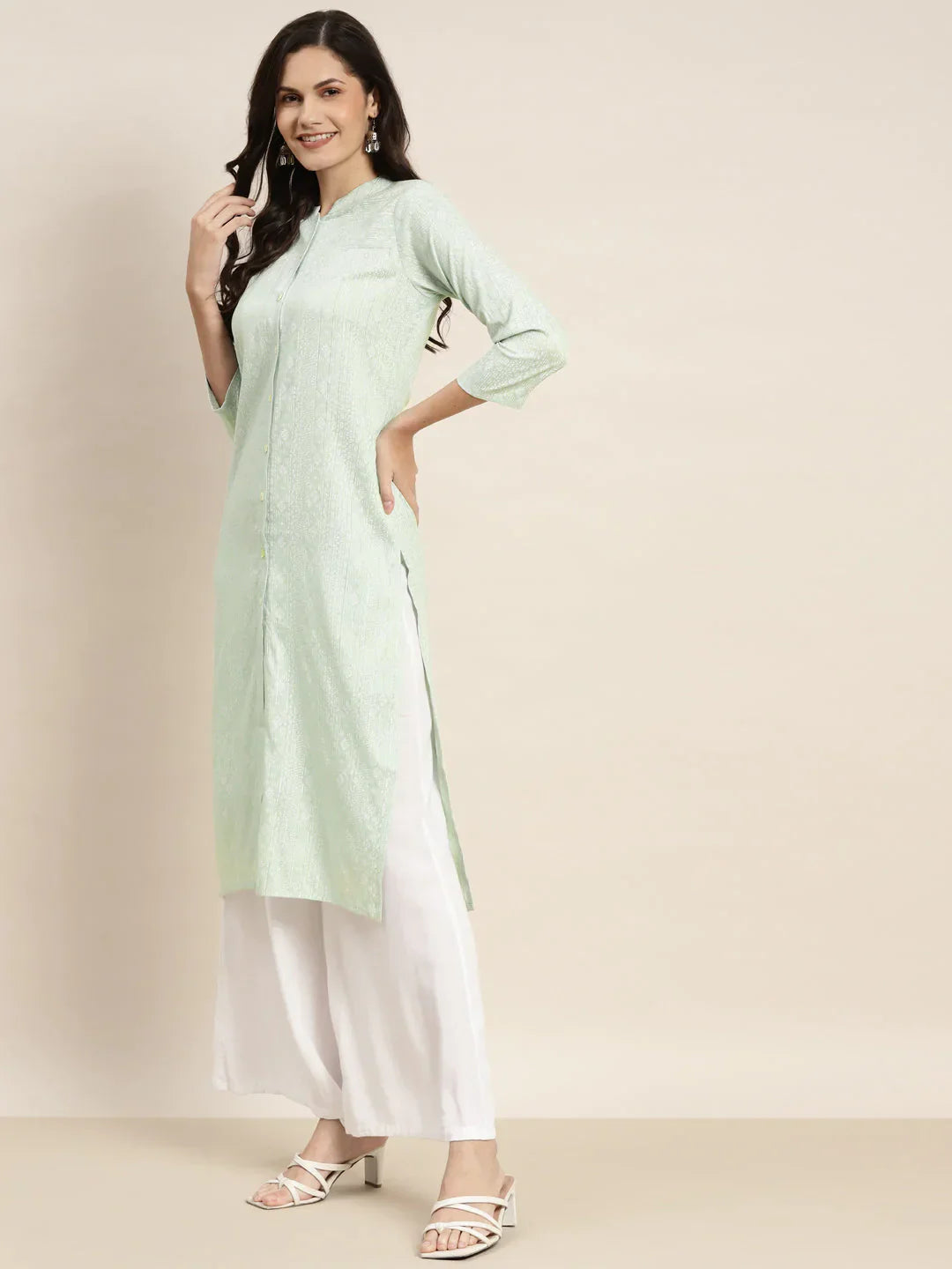 Jompers Women's Ethnic Motifs Printed Lurex Kurta - Green