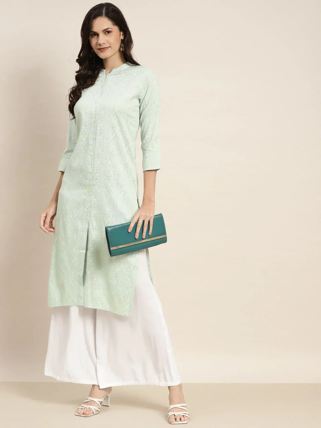 Jompers Women's Ethnic Motifs Printed Lurex Kurta - Green