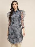 Jompers Women's Organza Printed Puff Sleeves Kurta - Grey