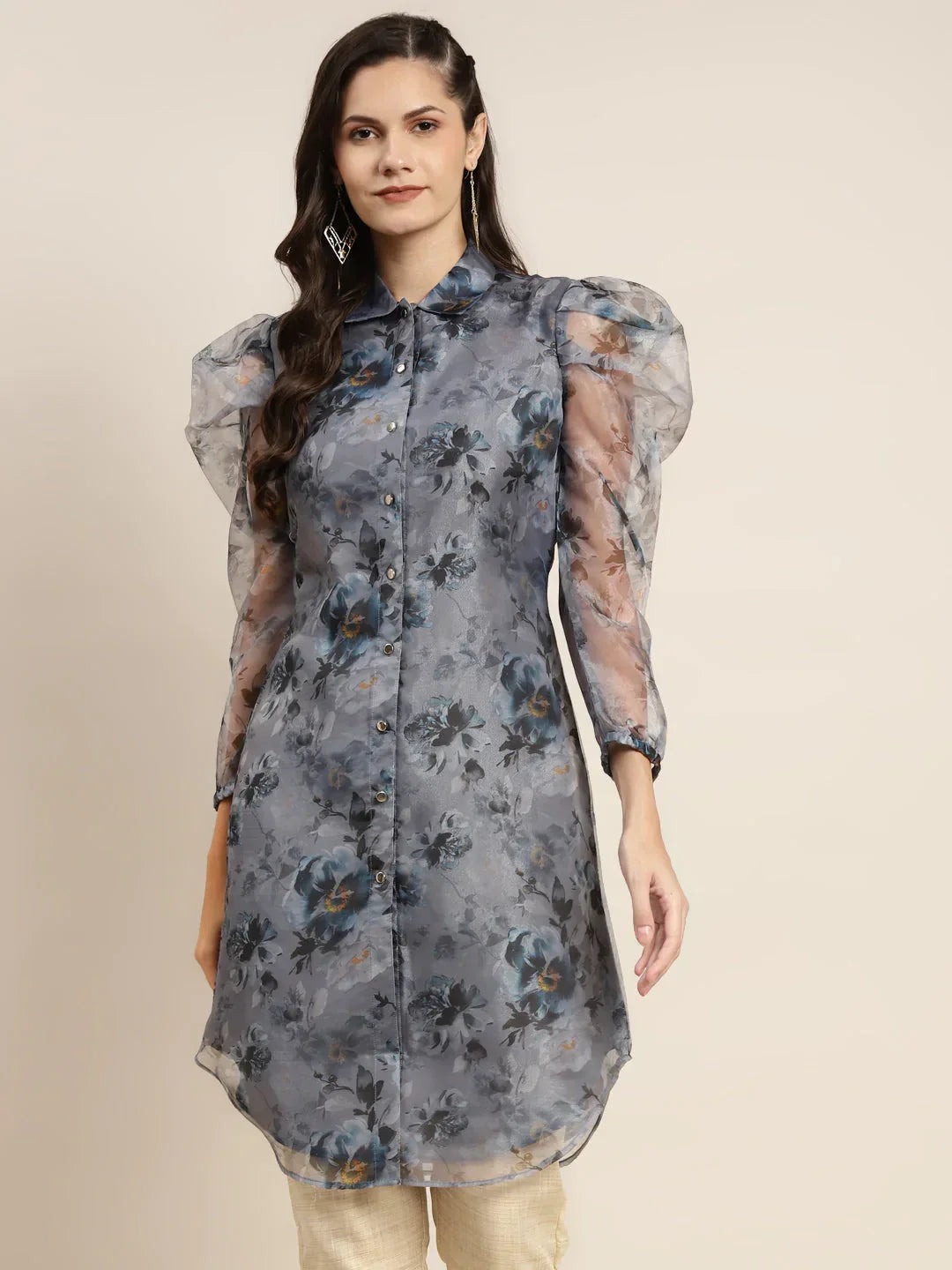 Jompers Women's Organza Printed Puff Sleeves Kurta - Grey