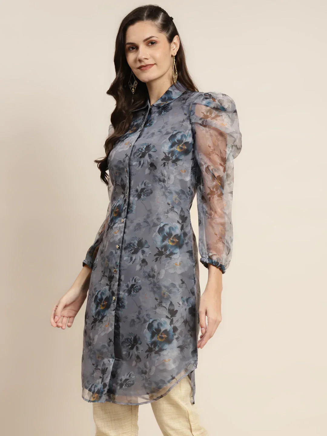 Jompers Women's Organza Printed Puff Sleeves Kurta - Grey
