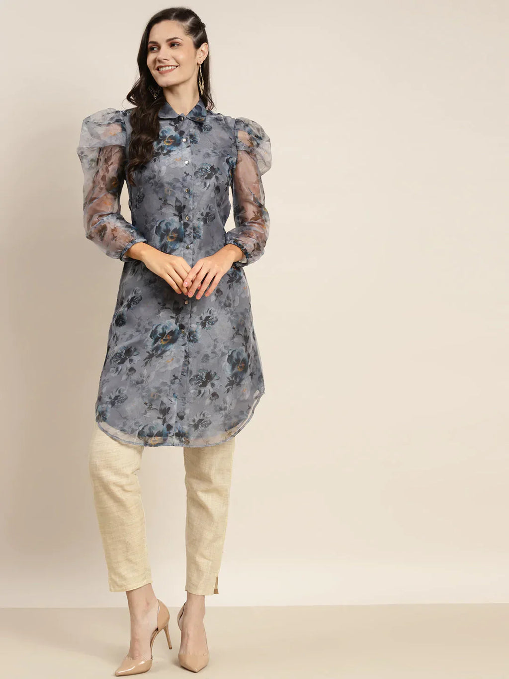 Jompers Women's Organza Printed Puff Sleeves Kurta - Grey