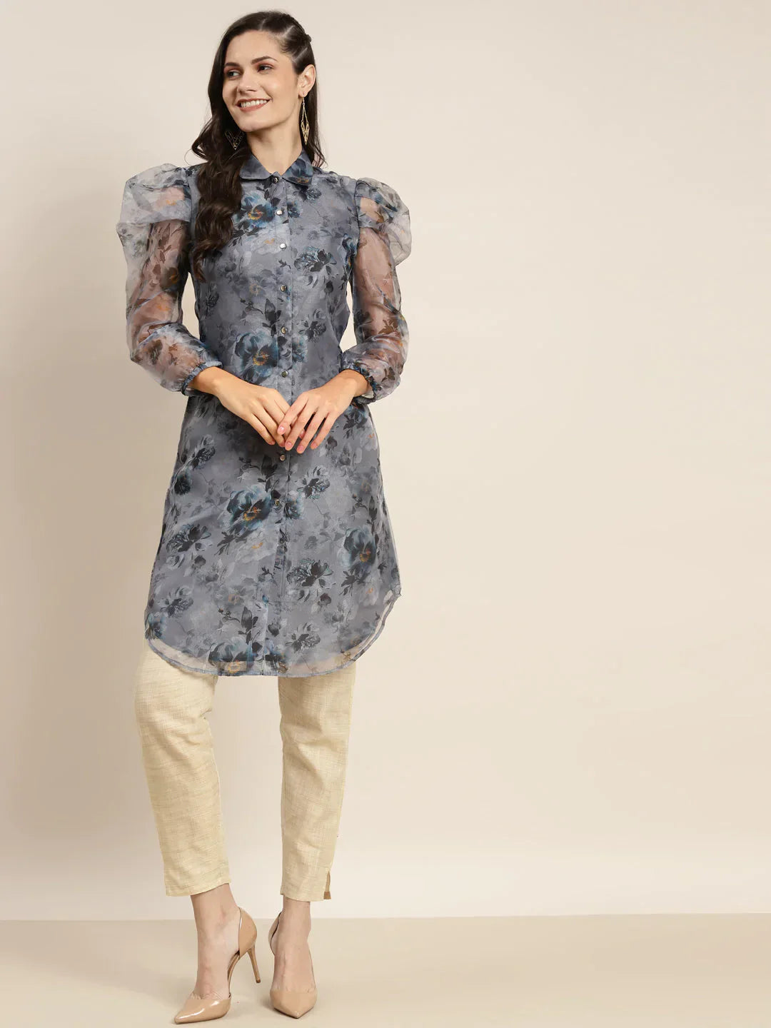 Jompers Women's Organza Printed Puff Sleeves Kurta - Grey