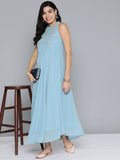 Jompers Women's Embroidered Powder Grey flared Dress - Blue - Distacart