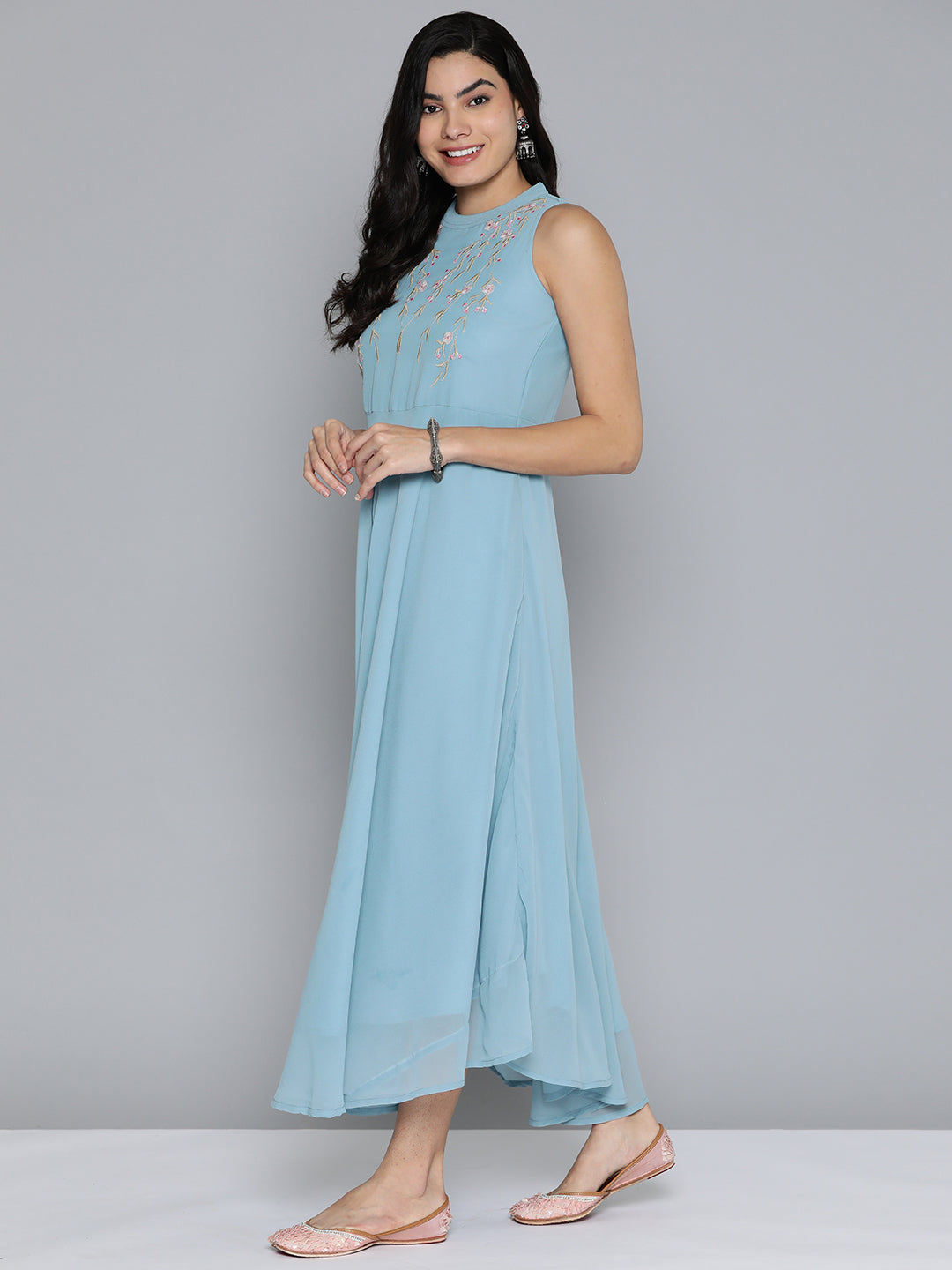 Jompers Women's Embroidered Powder Grey flared Dress - Blue - Distacart