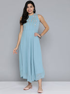 Jompers Women's Embroidered Powder Grey flared Dress - Blue - Distacart