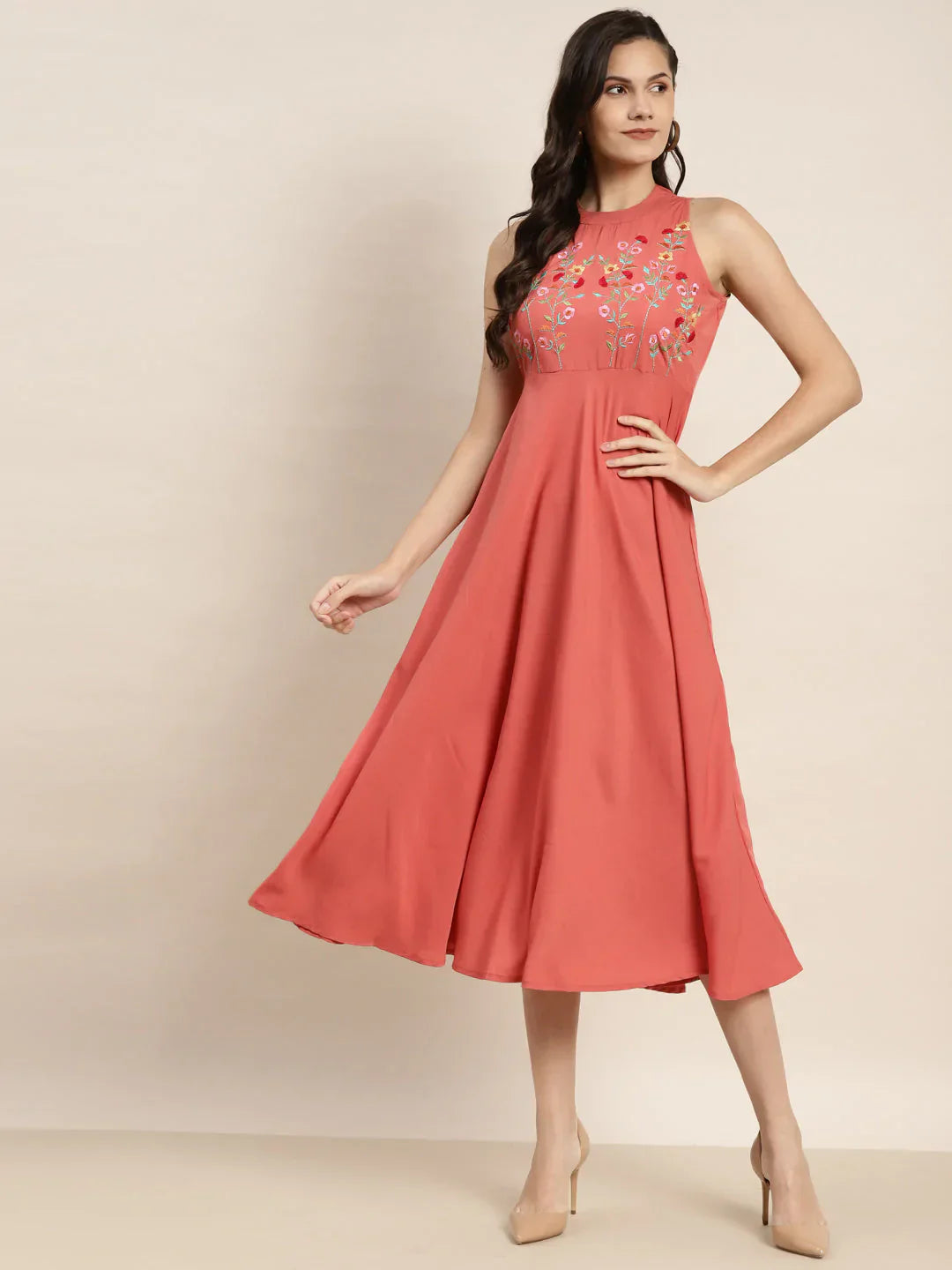 Jompers Women's Embroidered A-Line Midi Dress - Pink - Distacart