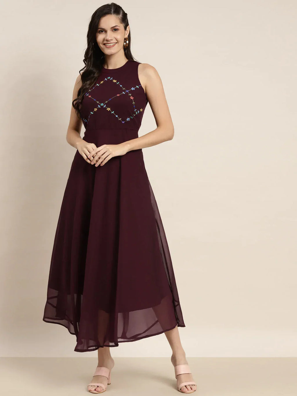 Jompers Women's Embroidered A-Line Midi Dress - Purple - Distacart
