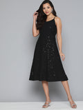 Jompers Women's Black Floral Sequin Embroidered A-Line Midi Dress - Black - Distacart
