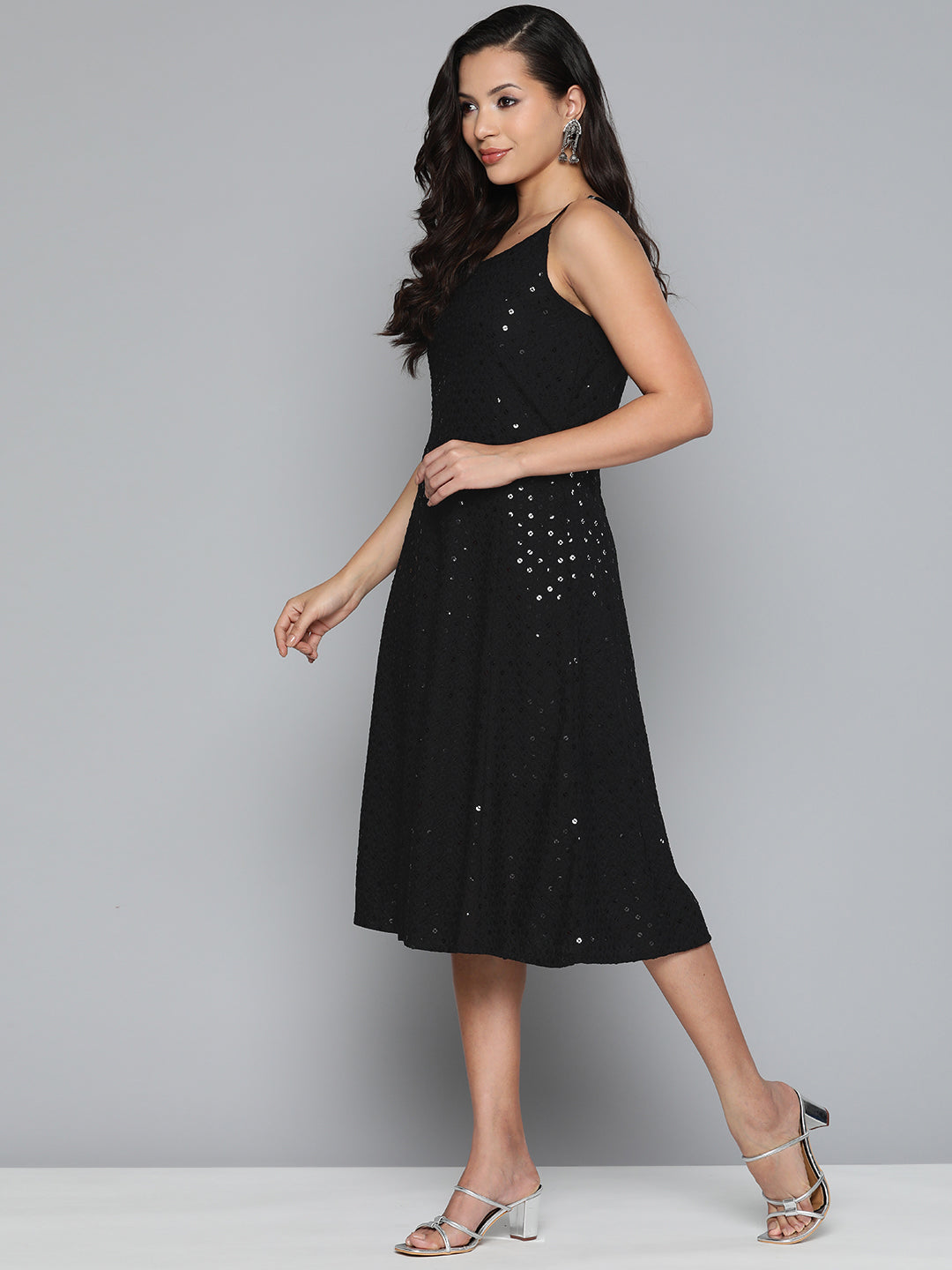 Jompers Women's Black Floral Sequin Embroidered A-Line Midi Dress - Black - Distacart