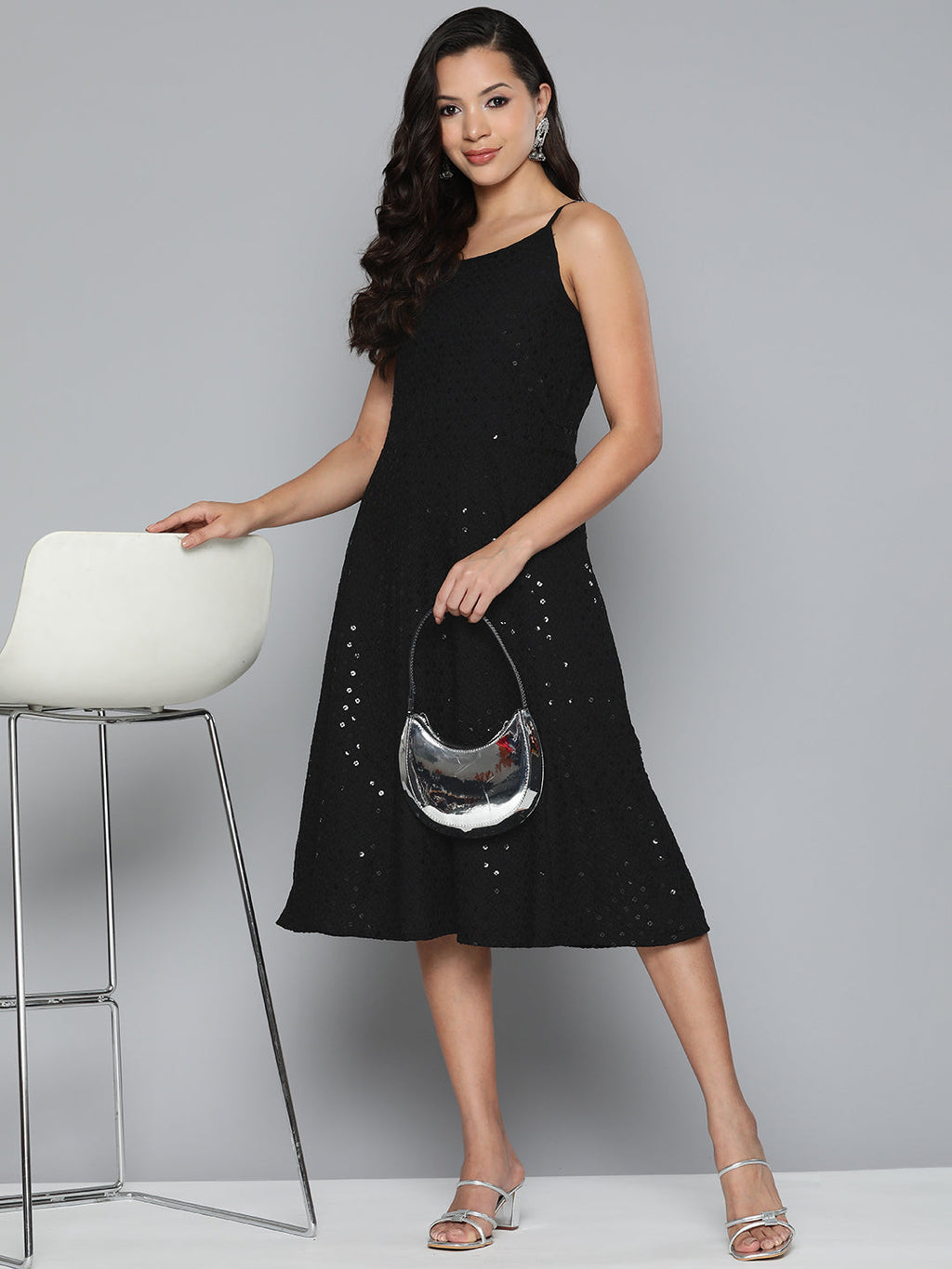 Jompers Women's Black Floral Sequin Embroidered A-Line Midi Dress - Black - Distacart