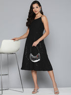 Jompers Women's Black Floral Sequin Embroidered A-Line Midi Dress - Black - Distacart