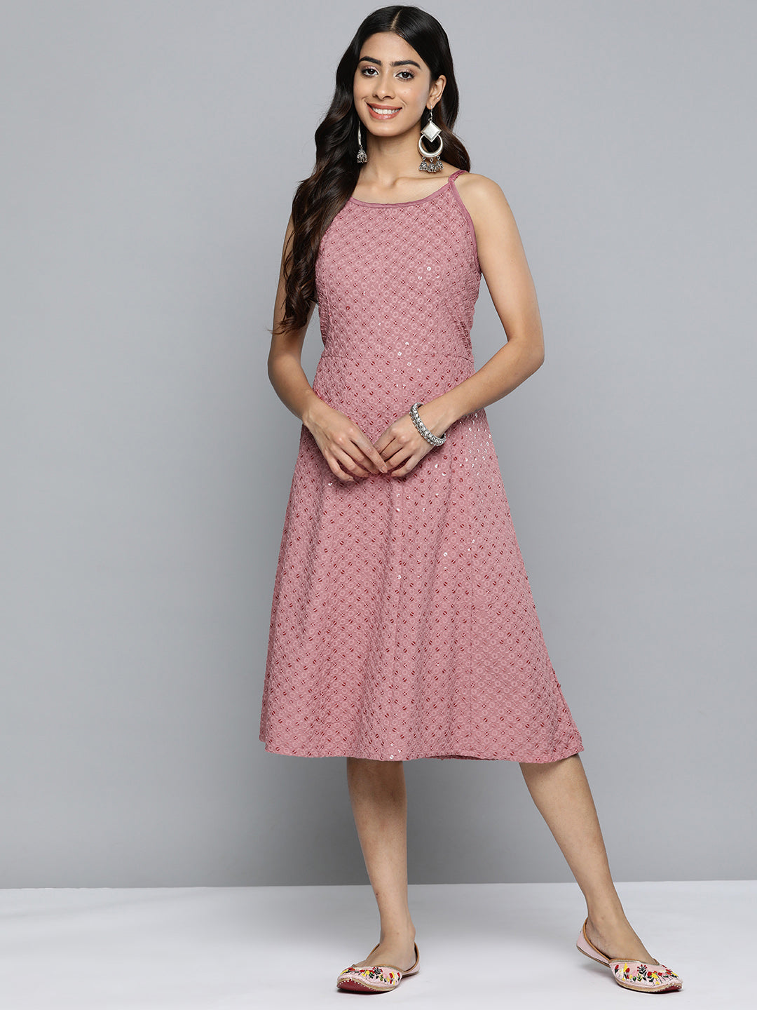 Jompers Women's Coral Floral Sequin Embroidered A-Line Midi Dress - Distacart