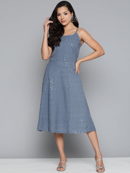 Jompers Women's Grey Floral Sequin Embroidered A-Line Midi Dress - Grey