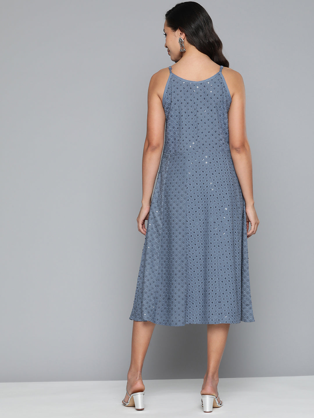 Jompers Women's Grey Floral Sequin Embroidered A-Line Midi Dress - Grey - Distacart